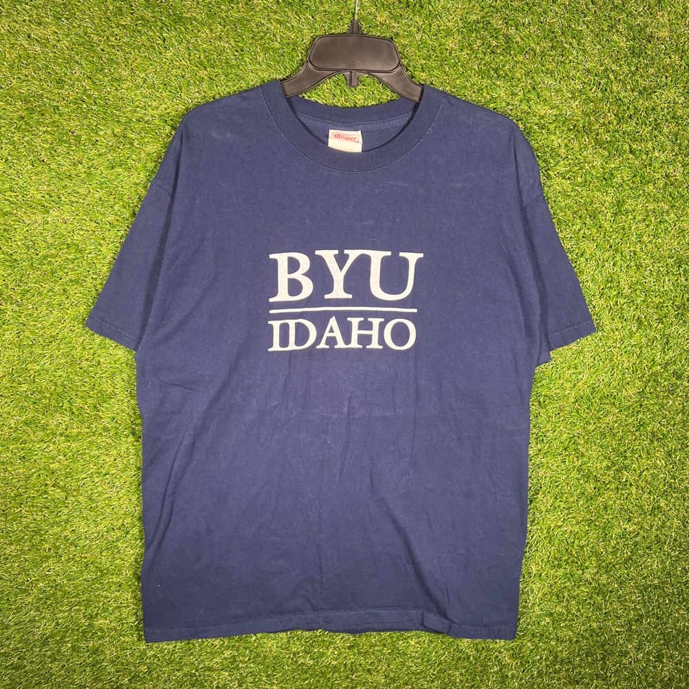 Hanes Beefy-T BYU‎ Idaho T-Shirt Mens Large Navy Blue Cotton Short Sleeve